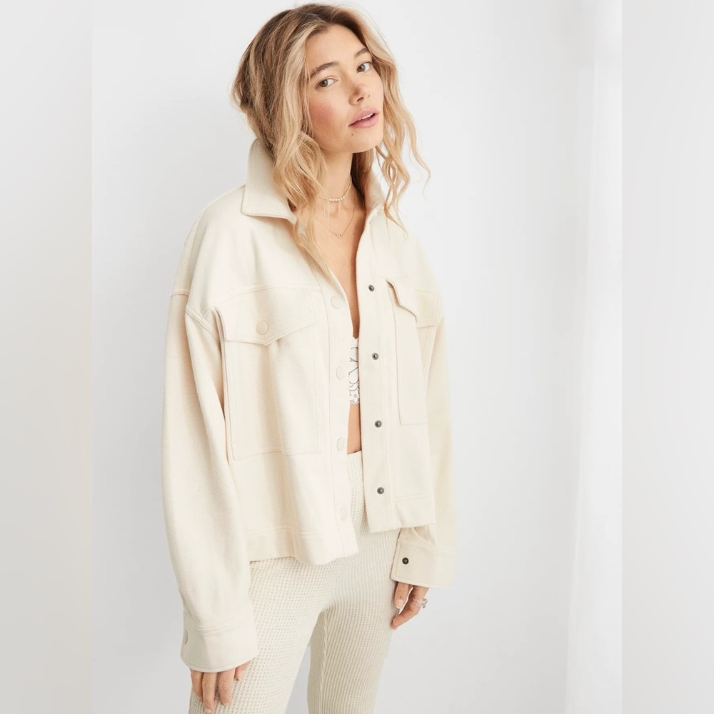 Aerie Fleece cropped Shacket Off-White 100% Cotton Jacket Size:Medium